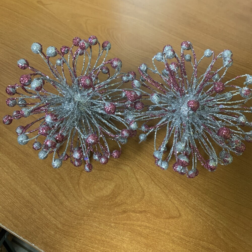 Lot Of 2 Star Burst Christmas Ornaments Silver And Pink 5”